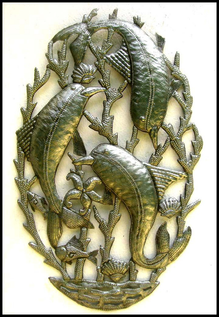 Metal Wall Art,  Dolphins, Wall Hanging, Metal Wall Decor, Haitian Metal Art, 18", Metal Art, Haitia